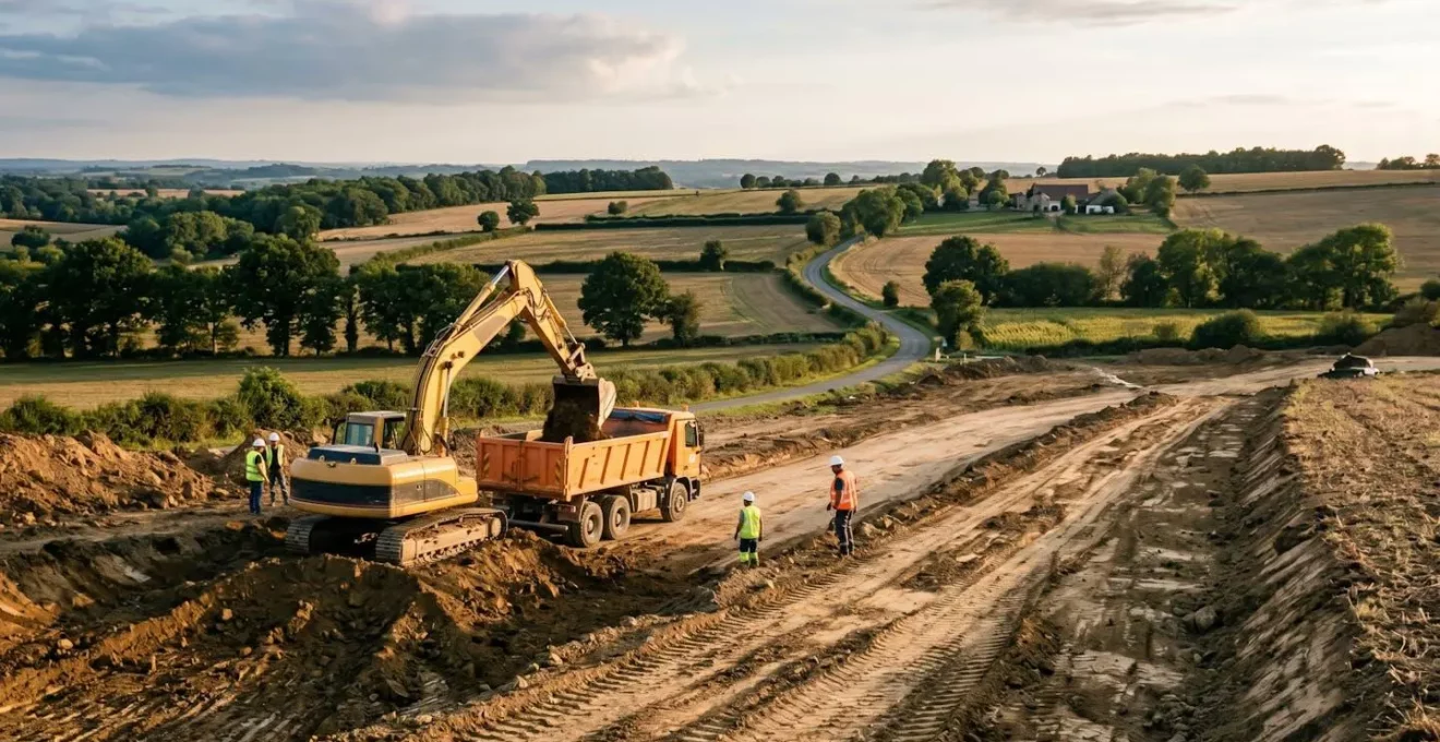 Chantier de terrassement en zone rurale française isolée, avec engins de chantier en activité au milieu des champs, sans poteau électrique ni réseau visible à l'horizon