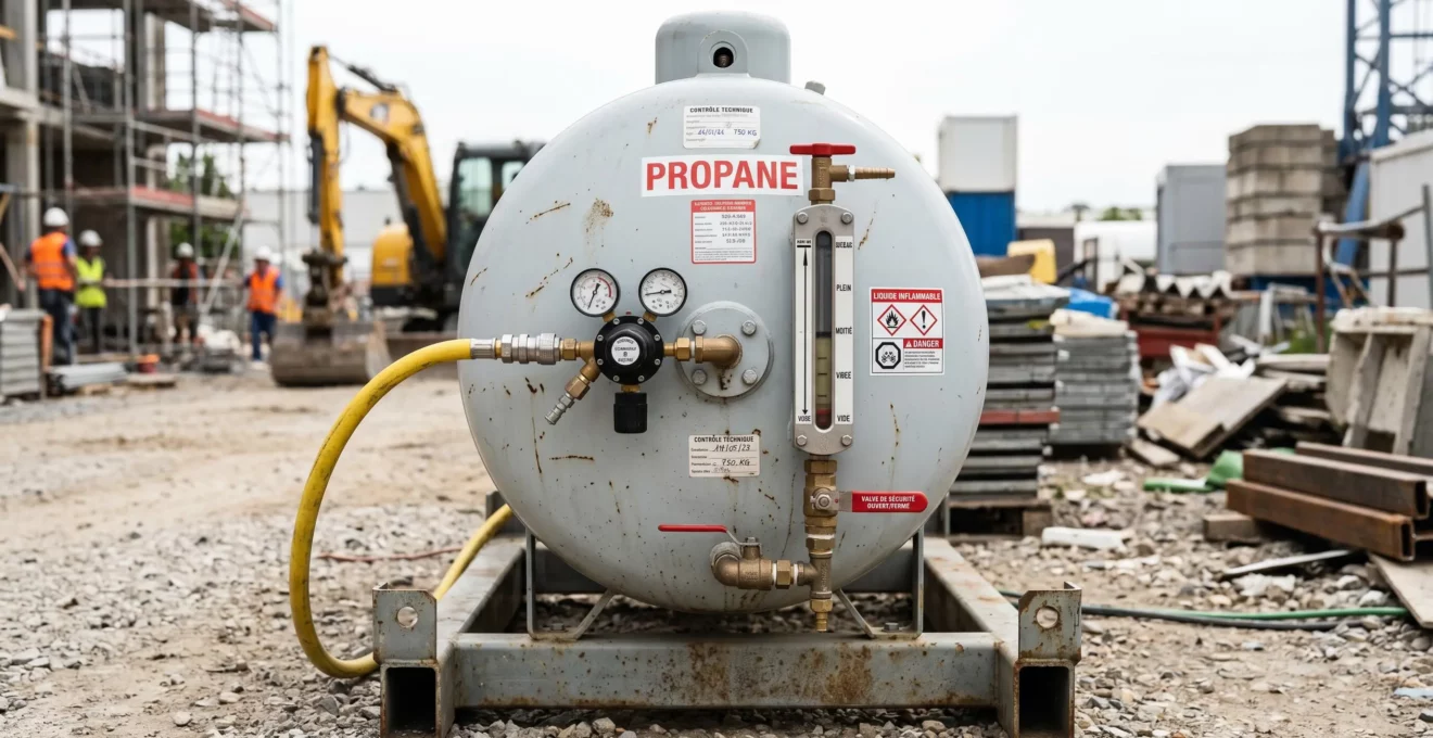 Citerne propane aérienne de 500-1000 kg avec détendeur, jauge de niveau et raccordements haute pression visibles, installée sur socle stabilisé d'un chantier BTP