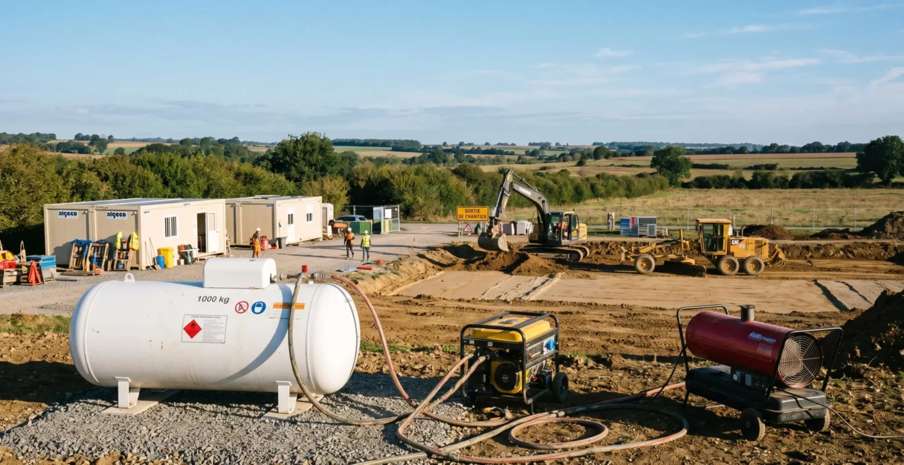 Citerne propane aérienne blanche installée sur un chantier de travaux publics en zone rurale, raccordée à un groupe électrogène et un radiant de chantier, avec engins de terrassement et base vie en arrière-plan sous ciel dégagé