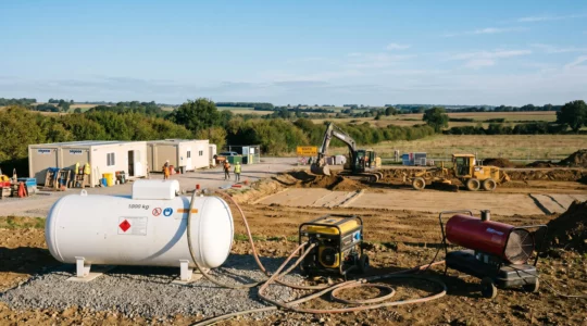 Citerne propane aérienne blanche installée sur un chantier de travaux publics en zone rurale, raccordée à un groupe électrogène et un radiant de chantier, avec engins de terrassement et base vie en arrière-plan sous ciel dégagé