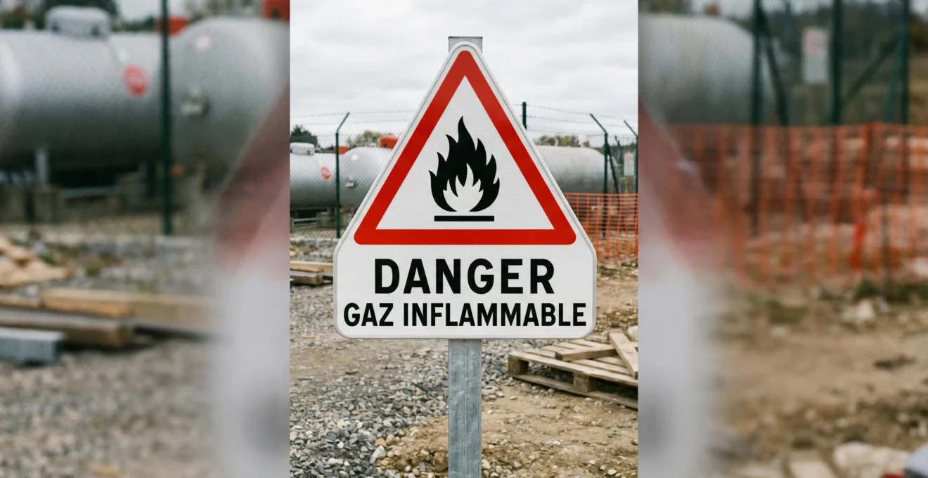 Panneau réglementaire français 'Danger gaz inflammable' triangle rouge avec flamme noire, fixé sur poteau à proximité d'une zone de stockage propane sur chantier