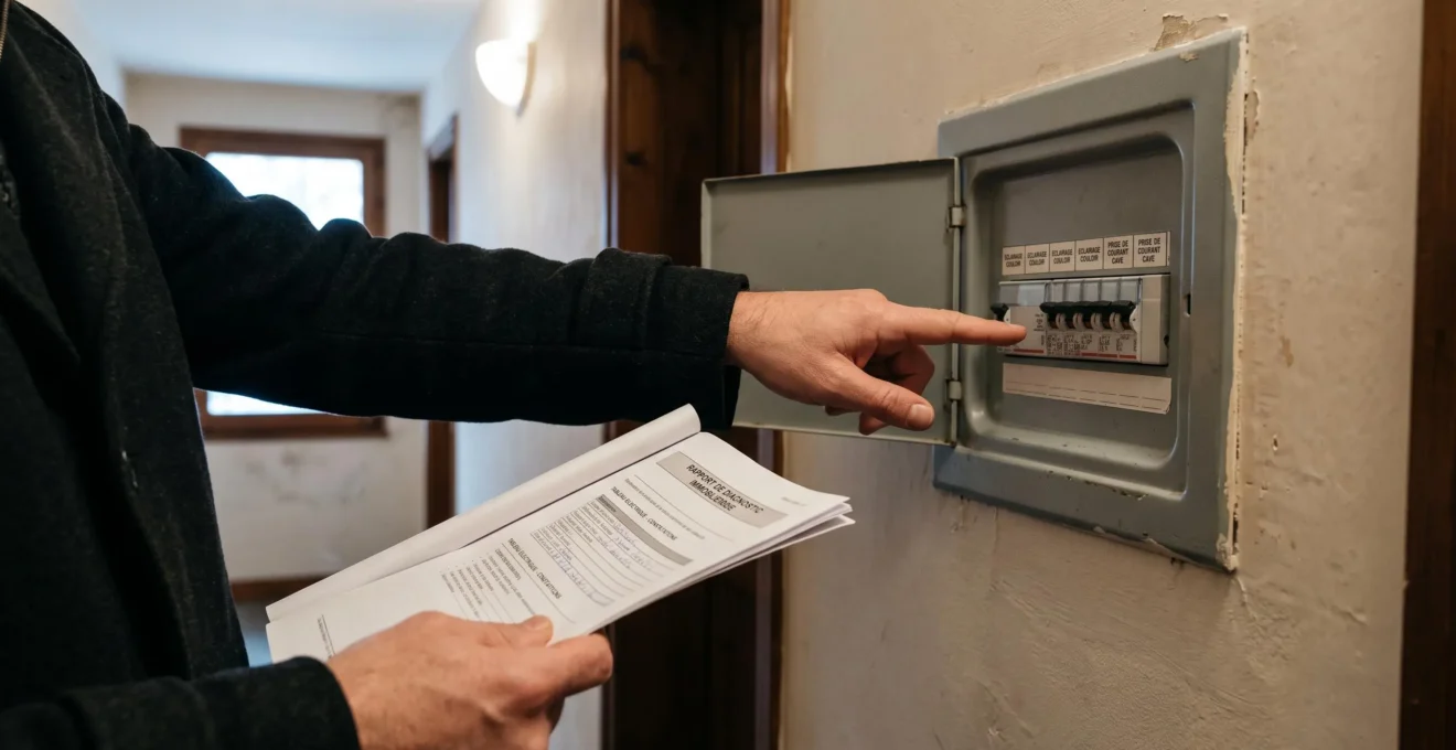 En gros plan, des mains tiennent un rapport de diagnostic papier devant un tableau électrique d'une résidence ancienne.