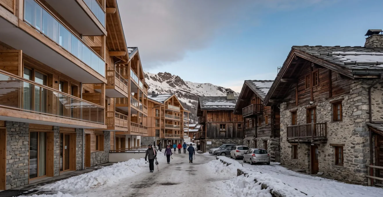 Une rue de station de ski savoyarde montrant face à face une résidence neuve en bois contemporain et des chalets anciens en pierre.