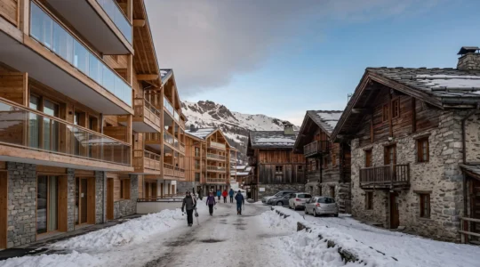 Une rue de station de ski savoyarde montrant face à face une résidence neuve en bois contemporain et des chalets anciens en pierre.
