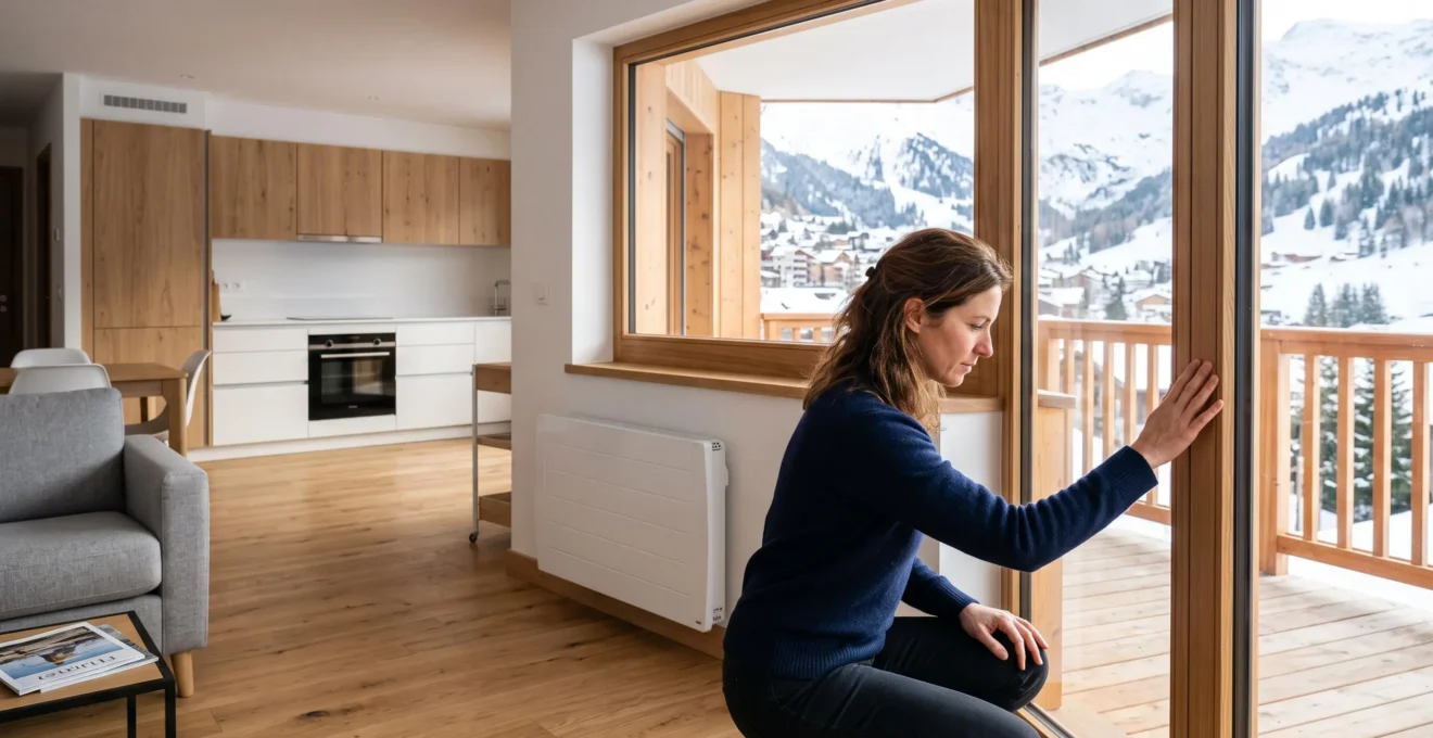 Une visiteuse examine la menuiserie d'une grande baie vitrée dans un appartement neuf d'une résidence de montagne.