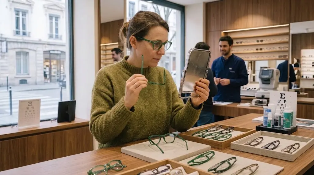 Une femme compare deux montures vertes avec un petit miroir en boutique d'optique.