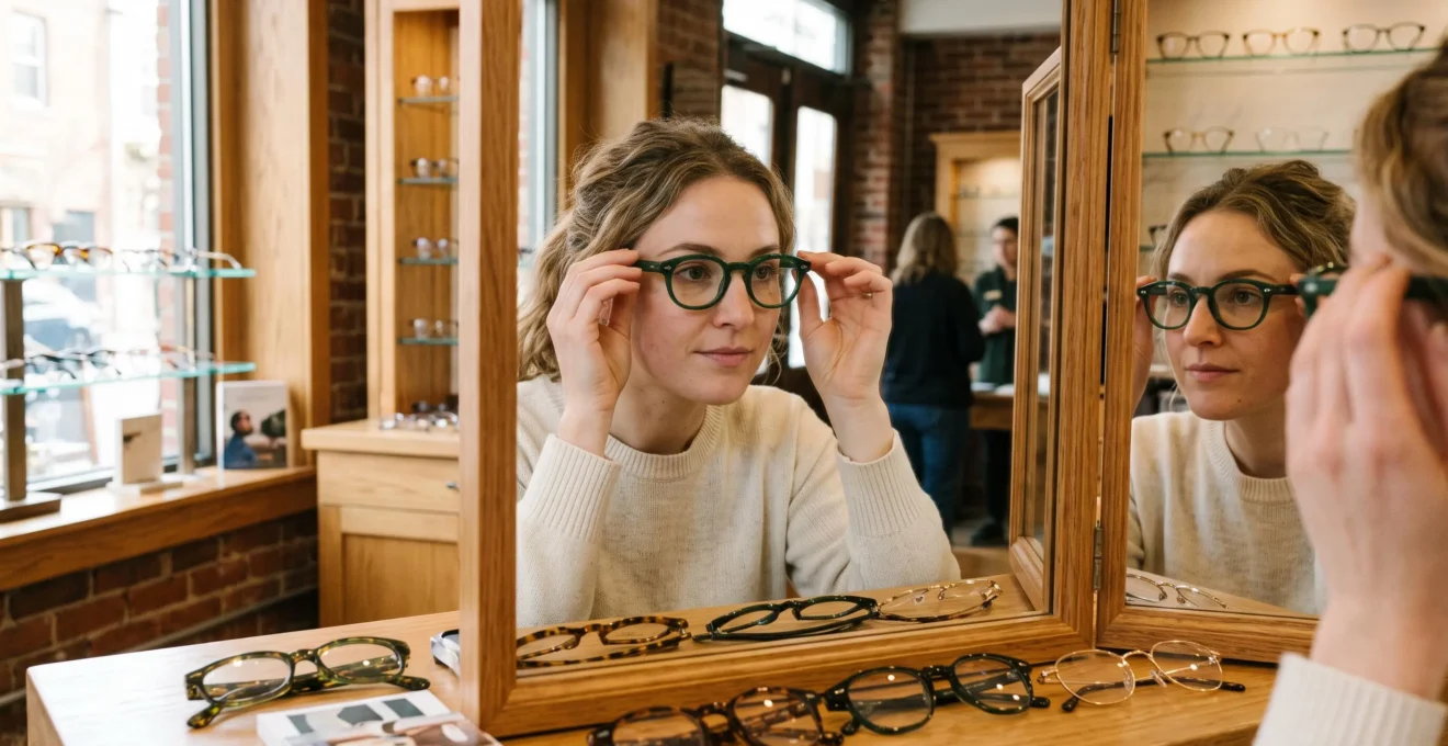 Une femme essaie une monture de lunettes vertes devant un miroir en optique.