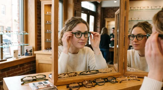 Une femme essaie une monture de lunettes vertes devant un miroir en optique.