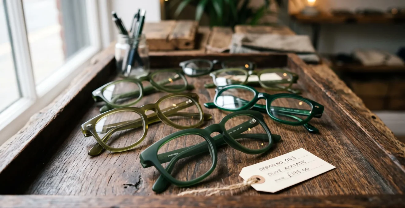 Plusieurs montures de lunettes vertes aux nuances variées posées sur un présentoir.