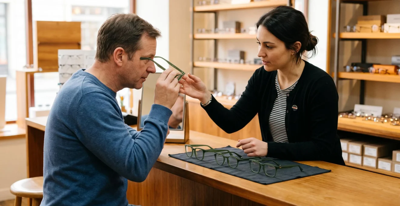 Un opticien conseille un client entre plusieurs montures vertes de formes différentes.